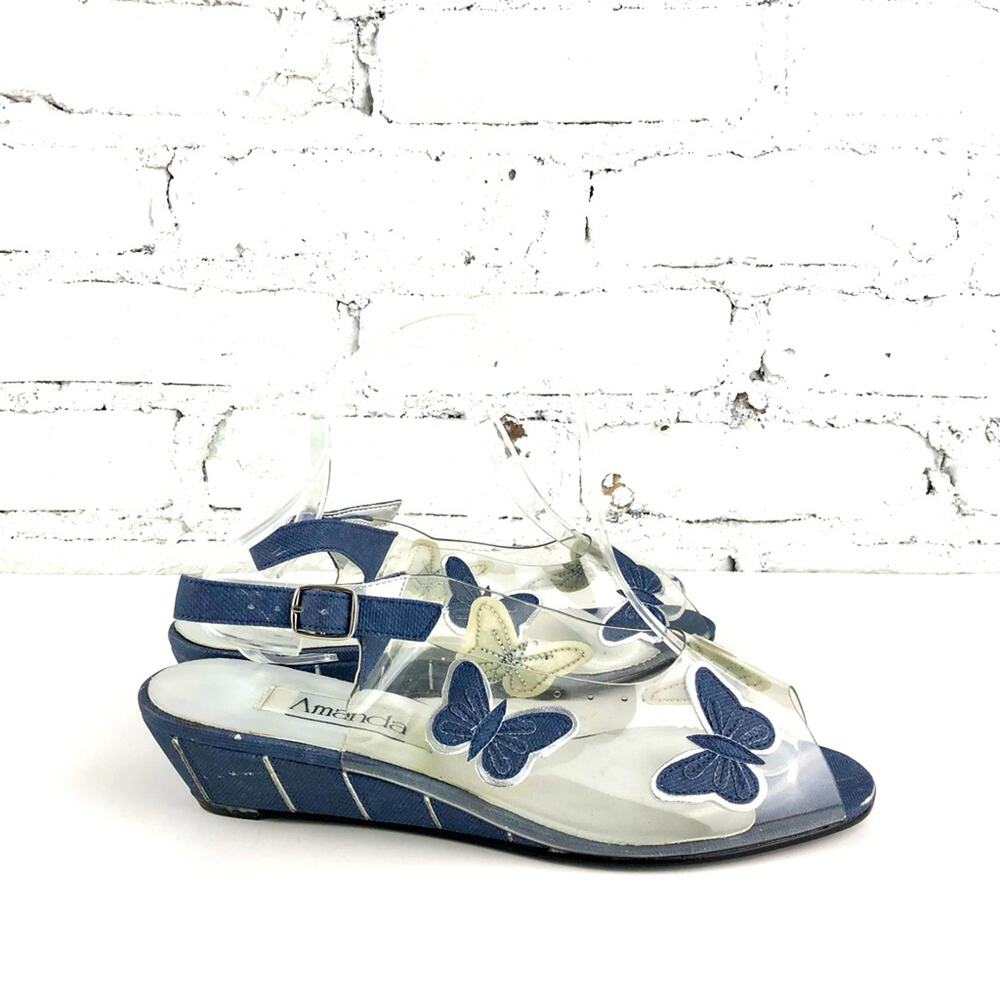 Vintage Amanda Clear Denim Butterfly Wedge Peep-toe Sandals